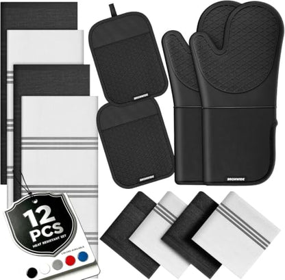 Black Silicone Oven Mitts and Pot Holders Set with Kitchen Towels - Heat Resistant 500°F