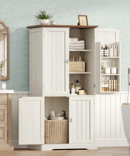 Tall Pantry Cabinet with 6 Doors - Rustic White Kitchen Storage