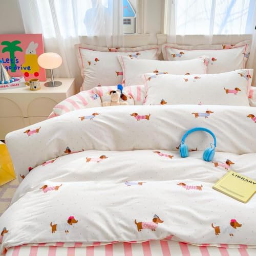 Queen Comforter Set Pink Dachshund Striped Bedding for Girls - Reversible US