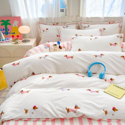 Queen Comforter Set Pink Dachshund Striped Bedding for Girls - Reversible US