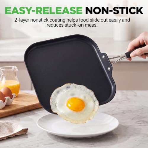 NutriChef 11-Inch Square Nonstick Griddle Pan with Induction Base - Black