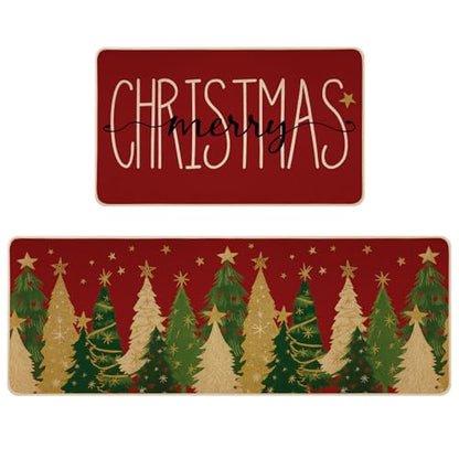 Christmas Kitchen Mats Set of 2 - 17x29" & 17x47" Burlap Backed Non-Slip Rugs