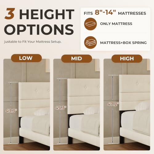 Queen Size Upholstered Bed Frame with Linen Fabric Headboard - Beige, Adjustable Height