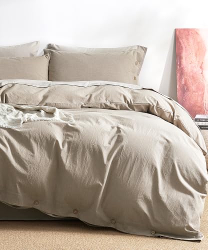 JELLYMONI 100% Washed Cotton Duvet Cover Queen - Khaki Beige Linen-Like