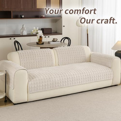 Beige White Sectional Sofa Cover for Pets - 35x94 Inch, Quilted Non-Slip Design