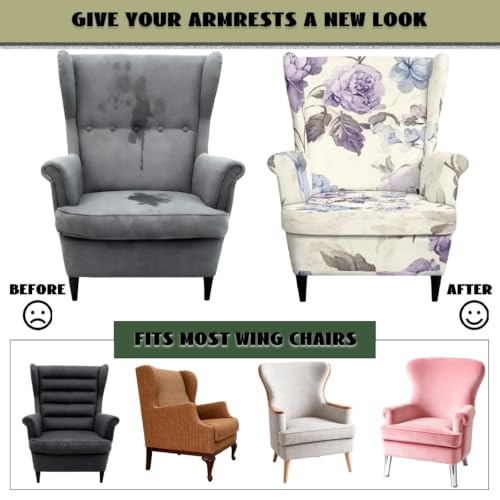 Retro Purple Floral Wingback Chair Cover 2-Piece Slipcover with Elastic Bottom
