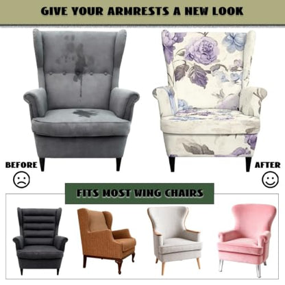 Retro Purple Floral Wingback Chair Cover 2-Piece Slipcover with Elastic Bottom