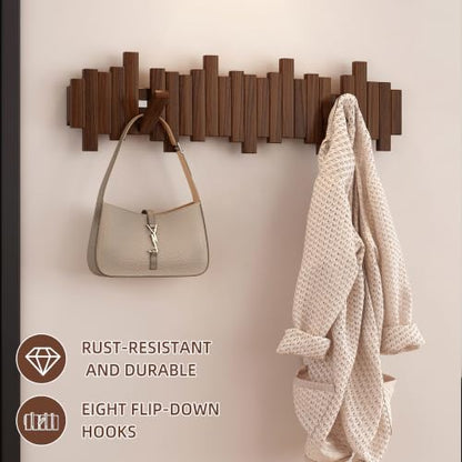 Walnut Wooden Wall-Mounted Coat Rack with 8 Hooks - Flip-Down Space Saver Hanger