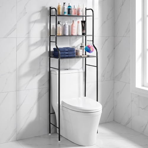 Over Toilet Storage Shelf with Hooks & Anti-Tip Kit, Black Bathroom Organizer