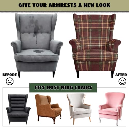 Brown Plaid Wingback Armchair Cover 2-Piece Stretch Protector - LACIYISON
