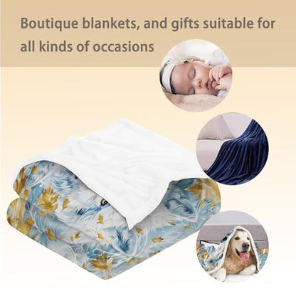 Lightweight Wolf & Maple Leaf Blanket 80x60 Inch Cozy Flannel Throw - Wolf01