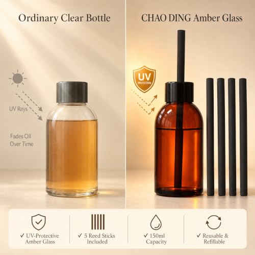 Reed Diffuser Set with Amber Glass Bottle & 5 Reeds - Home Fragrance Decor