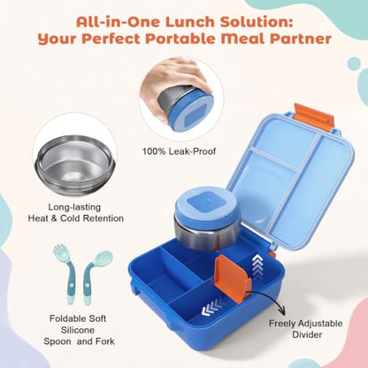 Kids Lunch Box Bento Set with 4 Compartments and 8oz Food Jar - Blue