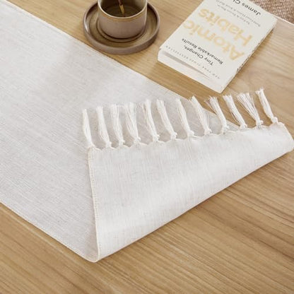 Cotton Linen Table Runner 13x48 Inch Off White with Hand Tassels - Farmhouse Decor