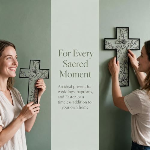 Floral Cross Wall Art Decor with Lily Design, Metal Religious Artwork