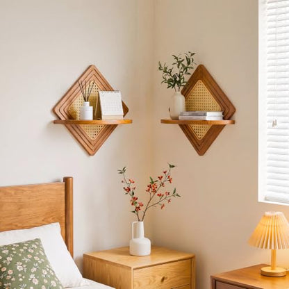 Quadrilateral Floating Shelf Set - Boho Rattan and Wood Wall Storage - Nature Variation