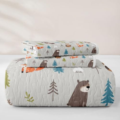 Woodland Animals Quilt Set Queen Gray Brown Kids Bedspread Nursery Cute Fox Bear Raccoon