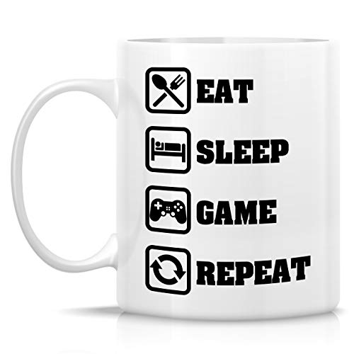 White Ceramic Gamer Mug 11 Oz - Eat Sleep Game Repeat - Funny Coffee Cup