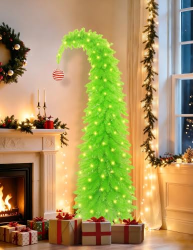 6FT Lime Green Christmas Tree with Whimsical Design, Tree Skirt & Red Ornament Set