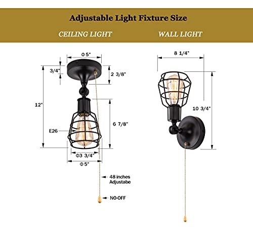 Industrial Farmhouse Close to Ceiling Light with Pull Chain 1 Light Black Semi Flush Mount Ceiling Light Adjustable Metal Cage Directional Wall Sconce Wall Lamp with Pull String for Kitchen Laundry