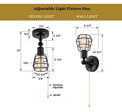 Industrial Farmhouse Close to Ceiling Light with Pull Chain 1 Light Black Semi Flush Mount Ceiling Light Adjustable Metal Cage Directional Wall Sconce Wall Lamp with Pull String for Kitchen Laundry