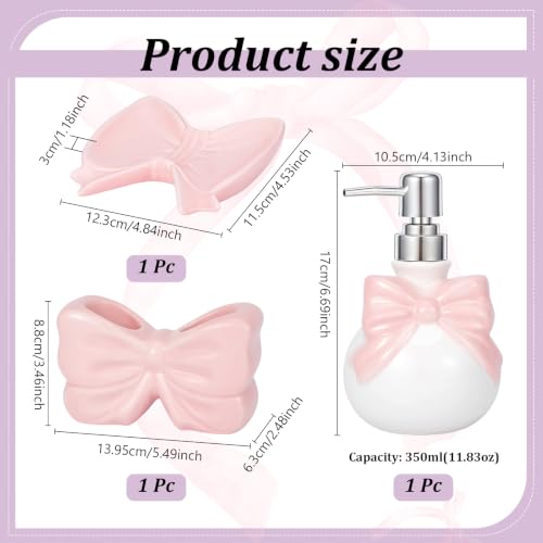 Pink Ceramic Bathroom Accessories Set with Bow - Soap Dispenser Toothbrush Holder & Soap Dish