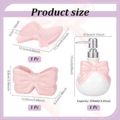 Pink Ceramic Bathroom Accessories Set with Bow - Soap Dispenser Toothbrush Holder & Soap Dish