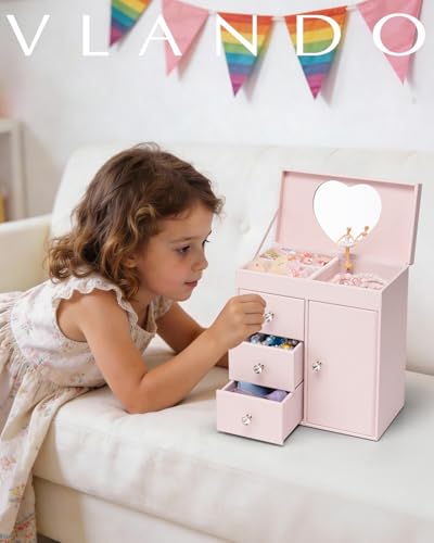 VLANDO 4 Layer Musical Jewelry Box for Girls with Pink Finish, 3 Drawers & Necklace Hook