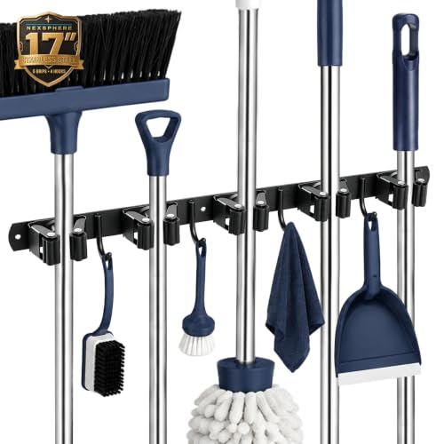 Stainless Steel Wall Mount Broom and Mop Holder with Hooks