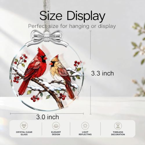 Two Cardinals Bird Christmas Ornament Glass 3 x 3.3 Inches - Holiday Tree Decoration - Variation 01