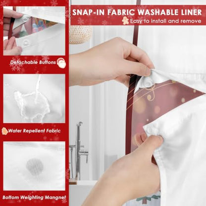 No Hook Christmas Santa Shower Curtain with Snap-in Liner 71x74 Inches - Holiday Bathroom Decor