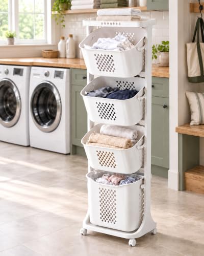 4 Tier Laundry Basket Organizer - Vertical Laundry Hamper with Wheels - C
