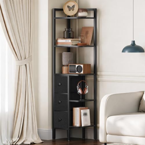 Black 5-Tier Corner Shelf Stand with 3 Drawers - Industrial Wooden Bookcase