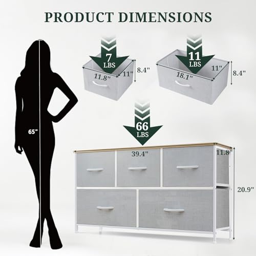 5-Drawer Dresser for Bedroom, Anti-Tip Wide Storage Organizer Fabric Chest of Drawers TV Stand for 45" TV with Wooden Top and Metal Frame for Closet, Living Room, Hallway, Entryway, Light Gray