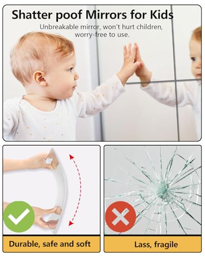Unbreakable Mirror Tiles 14x12 Inch - Silver 4PCS Peel & Stick Wall Mirrors for Kids Bedroom Decor