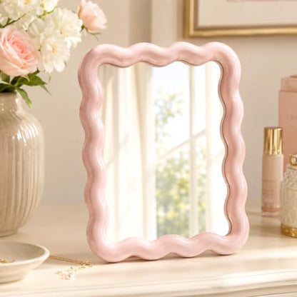 Pink Wavy Folding Desk Mirror - 6.7x5.3 Inch Cute Vanity & Makeup Mirror