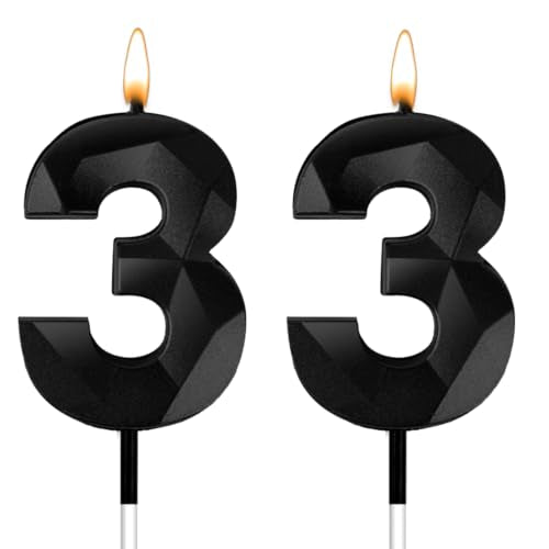 Black 33 Birthday Candles for Cake - 2 Pcs 33 Number 3 Decorative Toppers