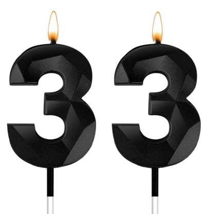 Black 33 Birthday Candles for Cake - 2 Pcs 33 Number 3 Decorative Toppers