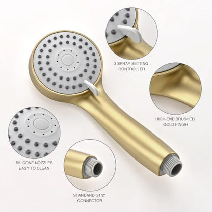 Brushed Gold Handheld Shower Head with Hose and Wall Mount - 3 Spray Modes