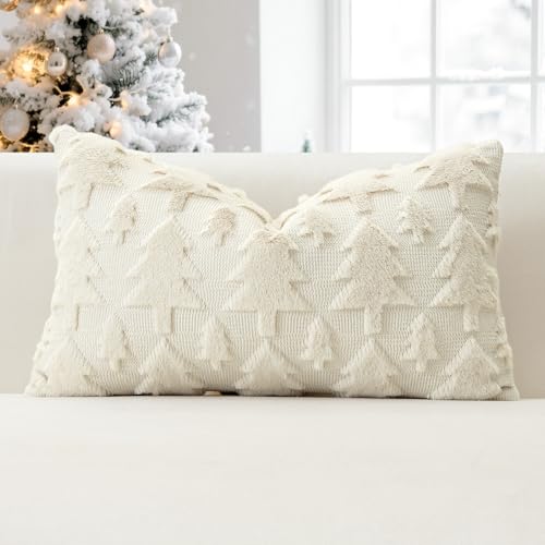 Christmas Tree Throw Pillow Cover 12x20in Faux Fur Wool Decorative Cushion - Cream Beige