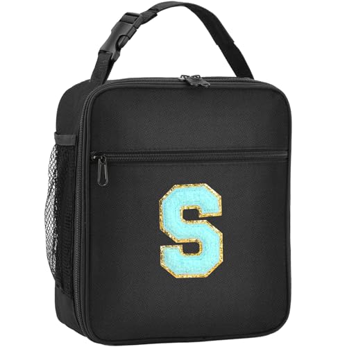 SANBADA Initial Insulated Lunch Bag, Lunch Box with Initial Letter Patch for Teen Adult, Reusable Lunch Bag for Men Women, Ideal Back to School Gift Birthday Gift, Pink T