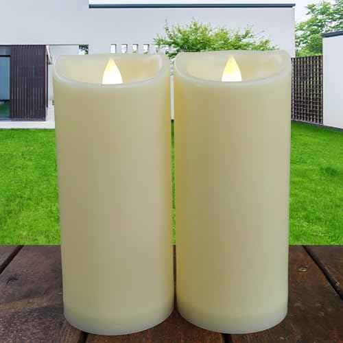 2 Pack Outdoor Battery Operated Candles with Timer (3x7 Inch) Waterproof Flameless Flickering Pillar Candles Plastic LED Fake Candle for Halloween Christmas Decoration Outside Lantern Festival Decor