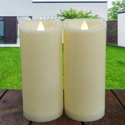 2 Pack Outdoor Battery Operated Candles with Timer (3x7 Inch) Waterproof Flameless Flickering Pillar Candles Plastic LED Fake Candle for Halloween Christmas Decoration Outside Lantern Festival Decor