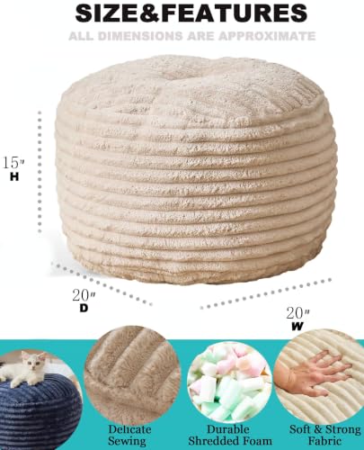 Kisoy 20in Round Faux Fur Floor Pouf Ottoman - Ivory, Soft & Supportive