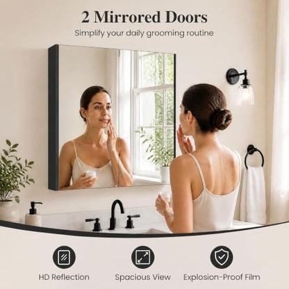 GIANTEX Black Wall-Mount Bathroom Mirror Cabinet with 2 Doors