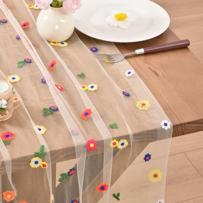 Flower Table Runner Daisy Embroidered Wedding Decor Champagne 4