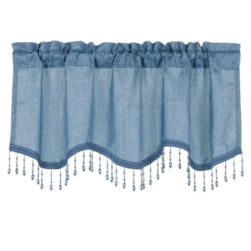 Blue Metallic Sheer Window Curtains & Beaded Valances Set - 4 Piece Home Decor