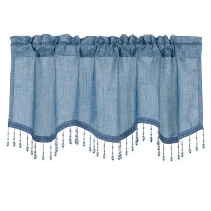 Blue Metallic Sheer Window Curtains & Beaded Valances Set - 4 Piece Home Decor