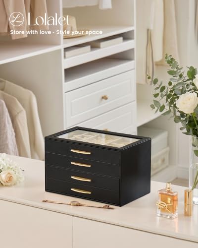 Jewelry Box Organizer Case with Glass Lid - 4-Layer, Black