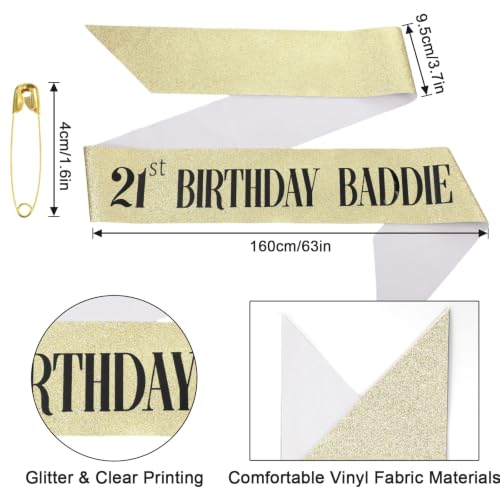 Gold Glitter 21st Birthday Sash - Baddie Party Decoration for Women & Men
